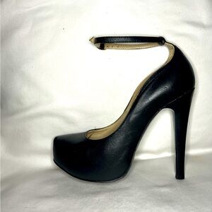 Black leather high heel pump with ankle strap
